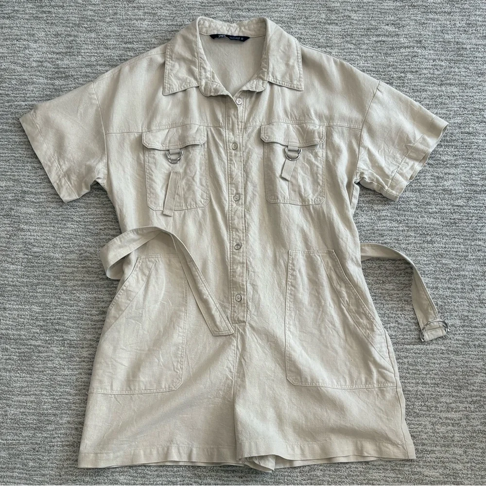 Zara Linen Blend Button Down Shirt Romper Size Large Cargo Pocket Utility Belted